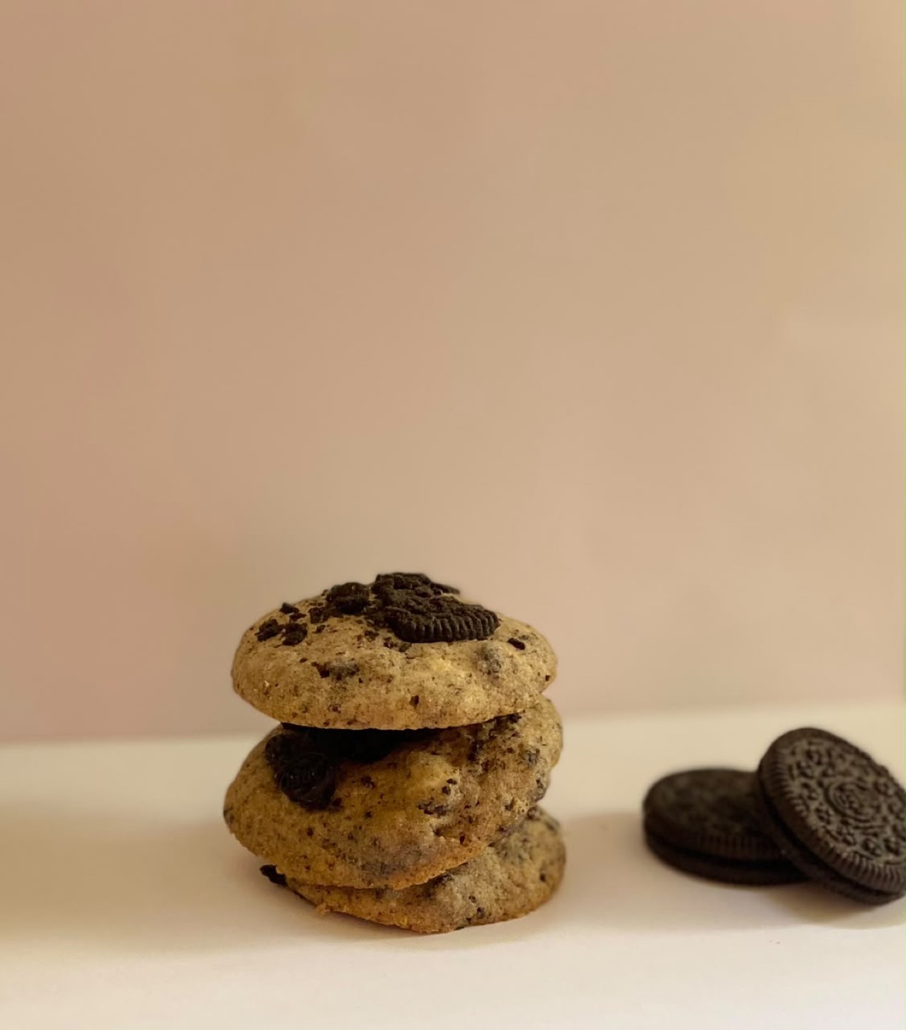 Freshly baked cookies and cream cookies, stacked